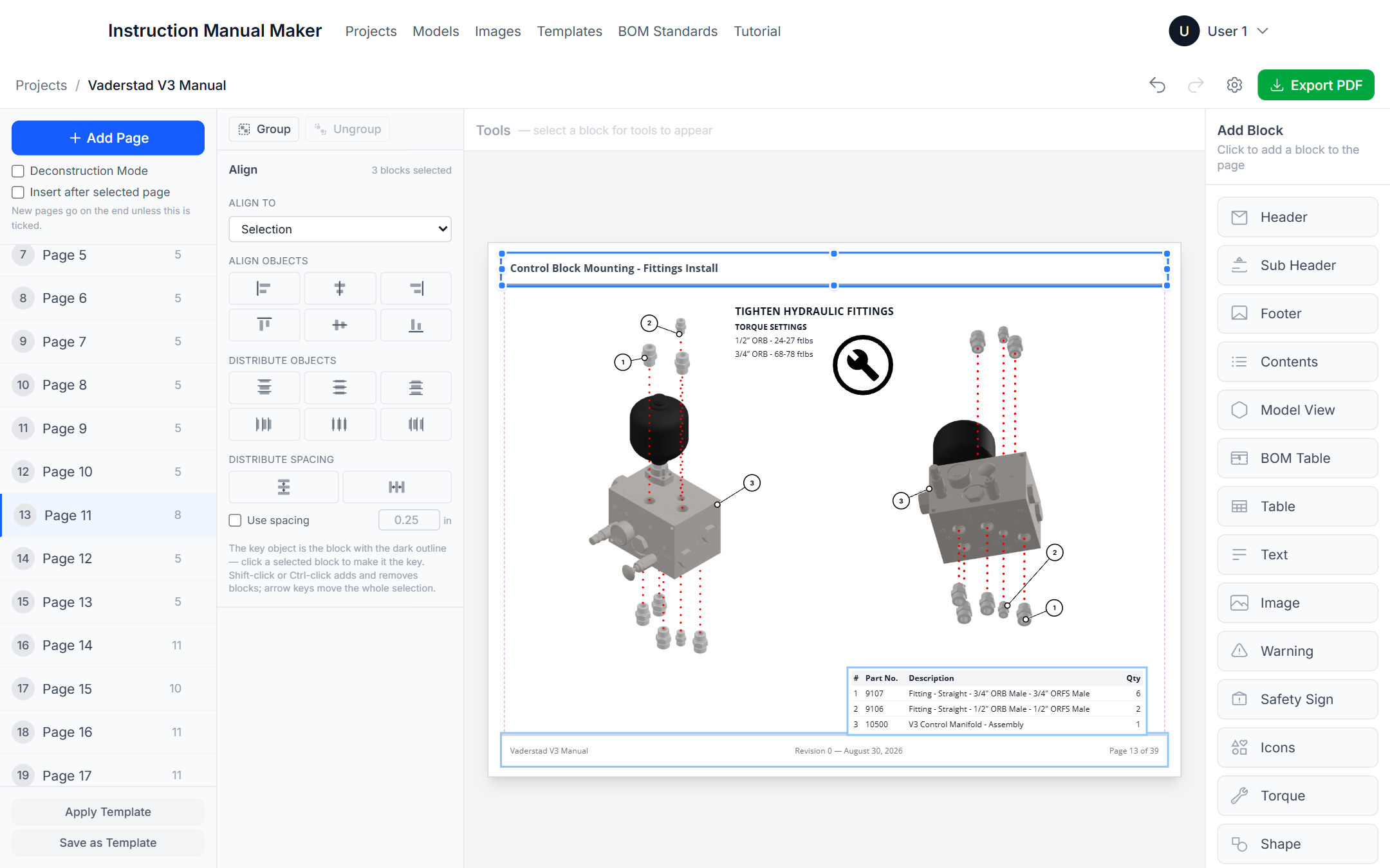 Three blocks selected on a page with the Align panel showing align, distribute and spacing tools
