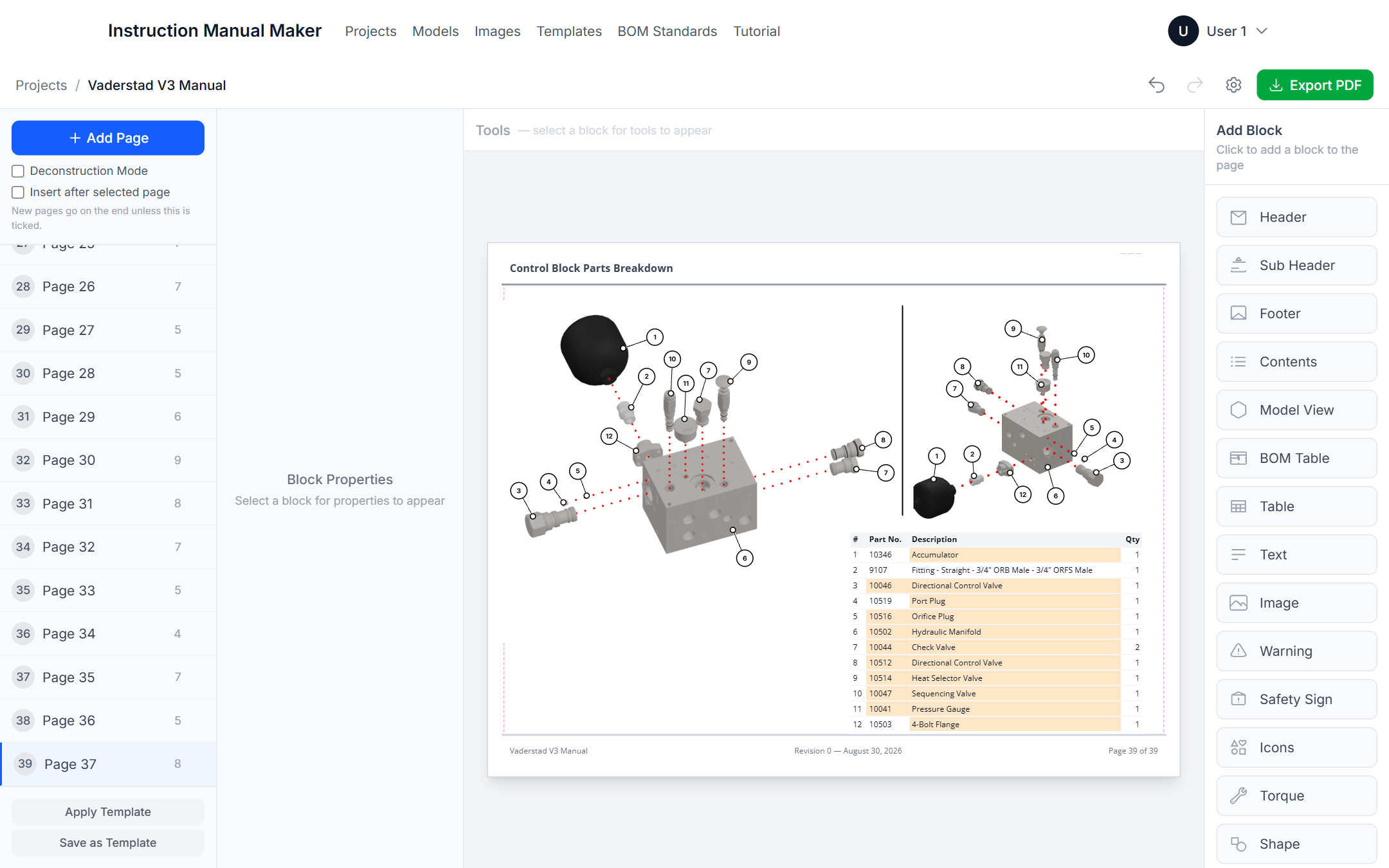 A page with a torque block, a tool icon, a hazard symbol, an annotated exploded view and a six-row bill of materials