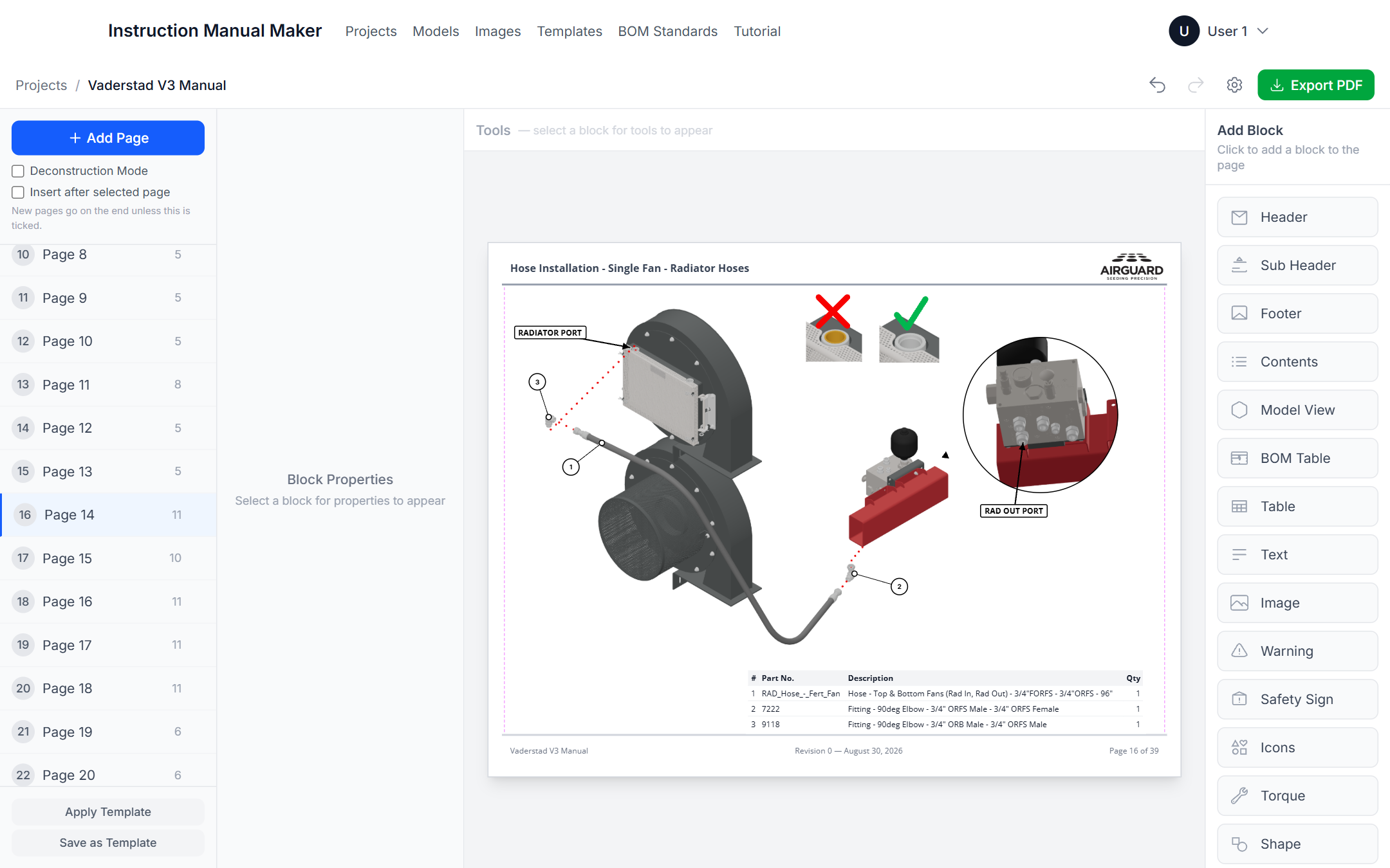 The page editor: an exploded model view with numbered balloons above a bill of materials, on a page with the company header and footer
