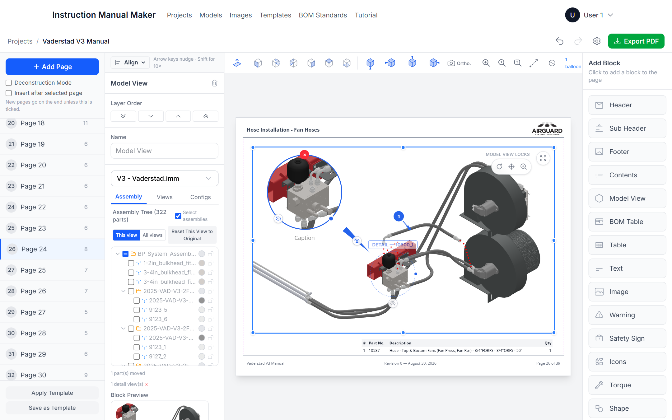 A model view selected in the editor, with the view toolbar, the assembly tree and the 3D model with balloons